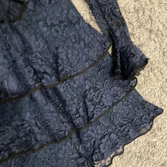 Alexis Tracie Long Sleeve Tiered Ruffled Lace Mini Dress In Navy Size S